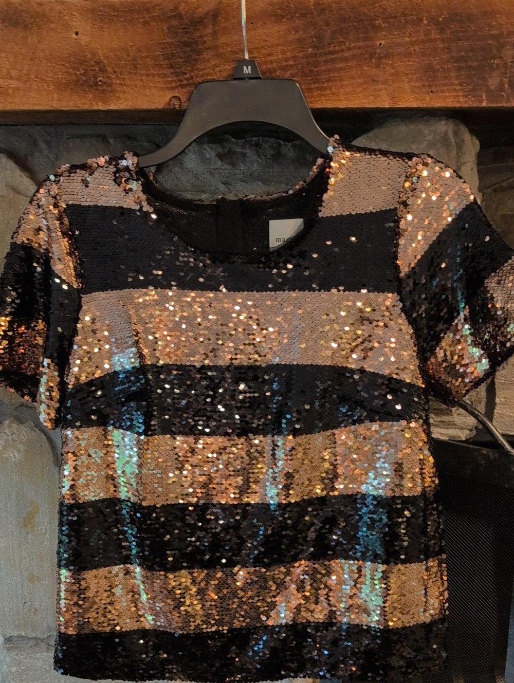 Maeve Black and Gold Sequin Striped Short-Sleeve Top
